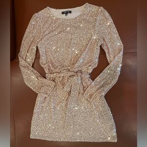 Sequin Gold Dress Long Sleeve Bow New Years Holiday Night Out Comfy Stretch